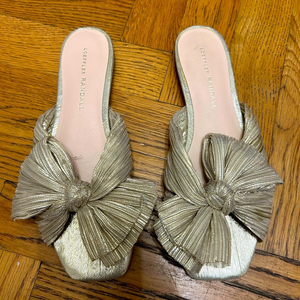Loeffler Randall Gold Bow Slide Sandals